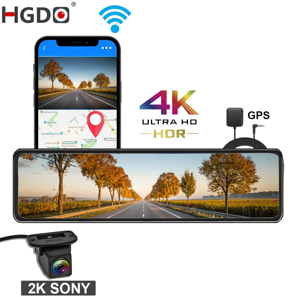 HGDO M210 4K + 2K Dash cam GPS WIFI Front SONY IMX415 Rear View Mirror Video Recorder SONY IMX307 Back Camera  Registra Car Dvr
