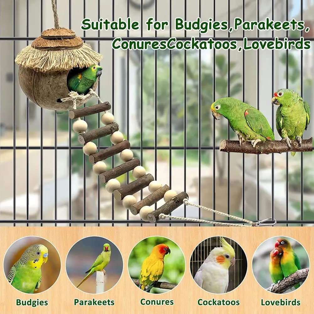 

Bird Cage Parrot Bird Natural Coconut Shell With Ladder Bird Nesting House Landscaping Supplies For Parakeets Lovebirds Dropship