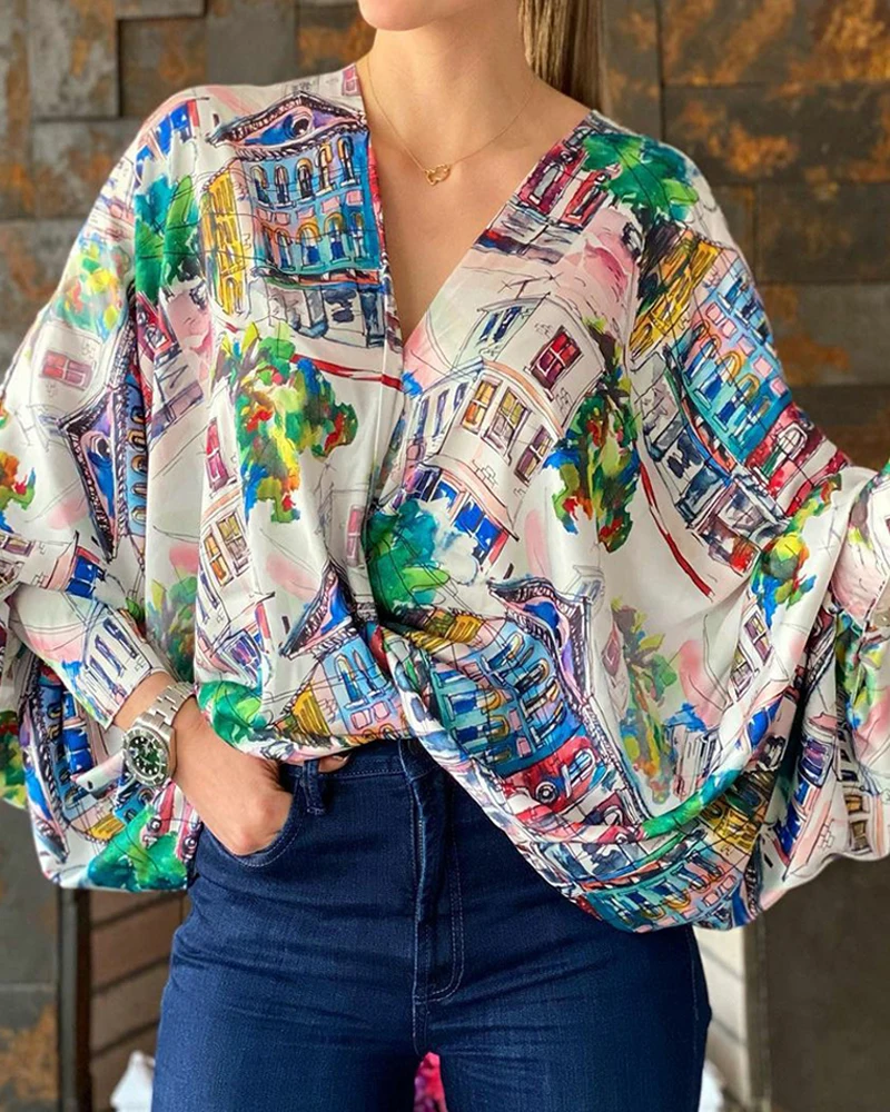 

Spring Women Shirts Casual Graphic V Neck Puff Batwing Sleeve Loose Blouse Tops