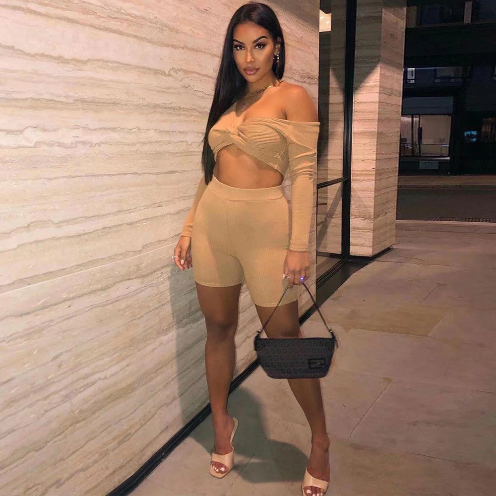 

Fashion Sexy 2 Pcs Set Women Matching Sets Off The Shoulder Backless Ribbed Crop Top and Stretchy Bodycon Shorts Club Outfits