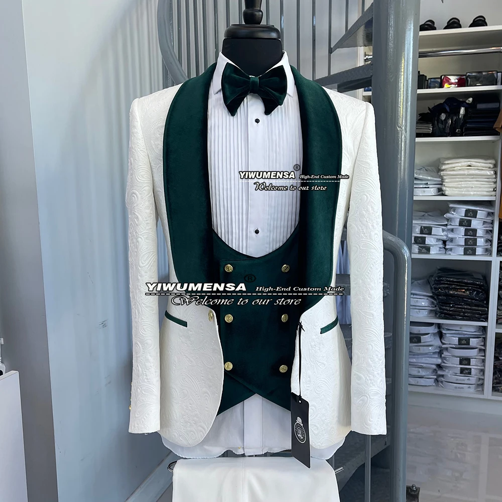 Spring/Autumn Formal Men Suits Slim Fit White Jacquard+Green Velvet Vest+Pants 3 Pieces Wedding Tuxedo Costume Homme De Luxe