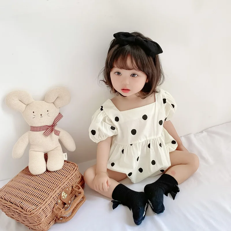 

0-24M Cute Newborn Baby Girl Romper Short Sleeve Polka Dot Cotton Jumpsuit Headband 2PCS Outfits Summer Sunsuit Clothes