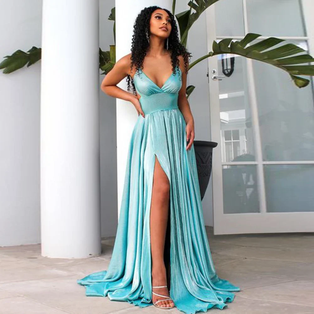 

2022 Sexy Prom Dress Floor Length V-neck Satin High Split Mermaid Evening Gown Dresses Saudi Arabia Duabi Plus Size