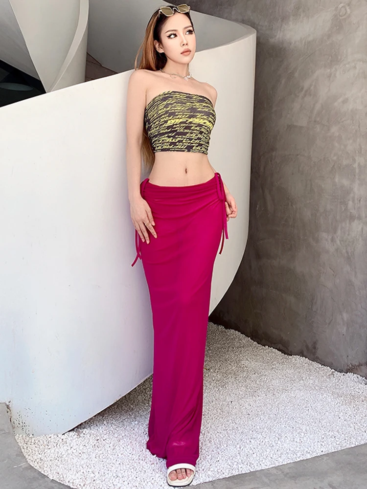 Модные однотонные Соблазнительные Клубные юбки макси Ahagaga Y2K уличная одежда