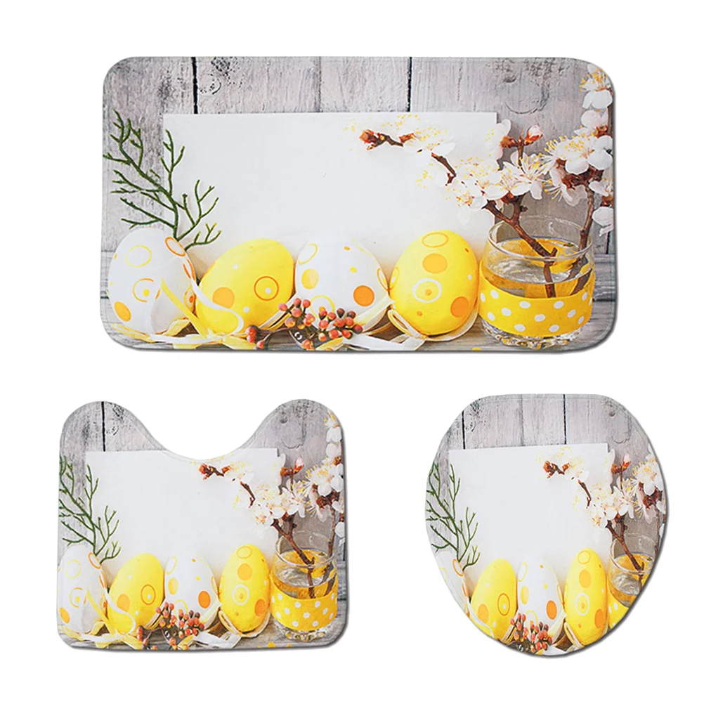 

3 in 1 Yellow Egg Pattern Bathroom Mat Set Antiskid Washroom Carpet Mat Toilet Seat Lid Cover