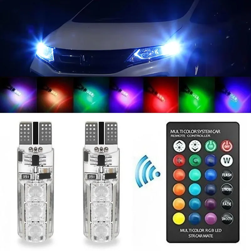 Фото 2 шт. T10 RGB LED лампы для габаритных огней - 6 SMD 5050 CANbus для автомобиля с пультом ДУ, мигающие клиновидные лампы для габаритных огней №2