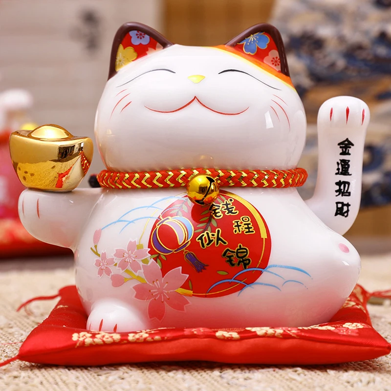 

2022 new 5inch Ceramic Fortune Cat Waving Hand Plutus Cat Battery Powered Maneki Neko Best Gift Home Decoration Lucky Cat