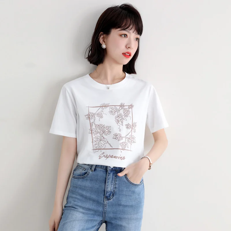

Cotton Women's T-shirt Summer 2023 New Leaves Printed Loose Tees Short Sleeves Ladies Tops O-neck Clothing YCMYUNYAN