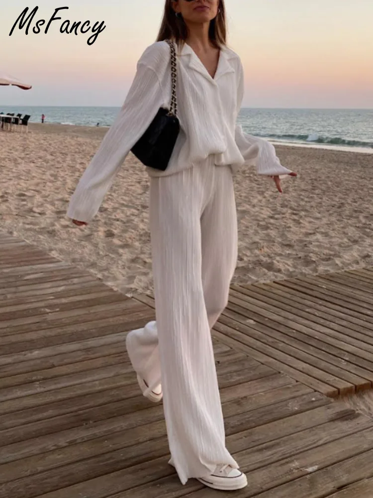 Комплект брюк Msfancy из белой плиссированной ткани Женская мода 2022 Повседневная