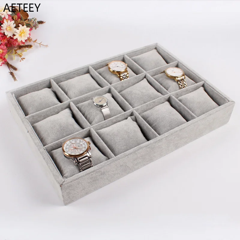 

Large 12 Grid Linen Grey Velvet Watch Tray Jewelry Watch Display Watch Organizer Business Bracket Watches Tray Display Case