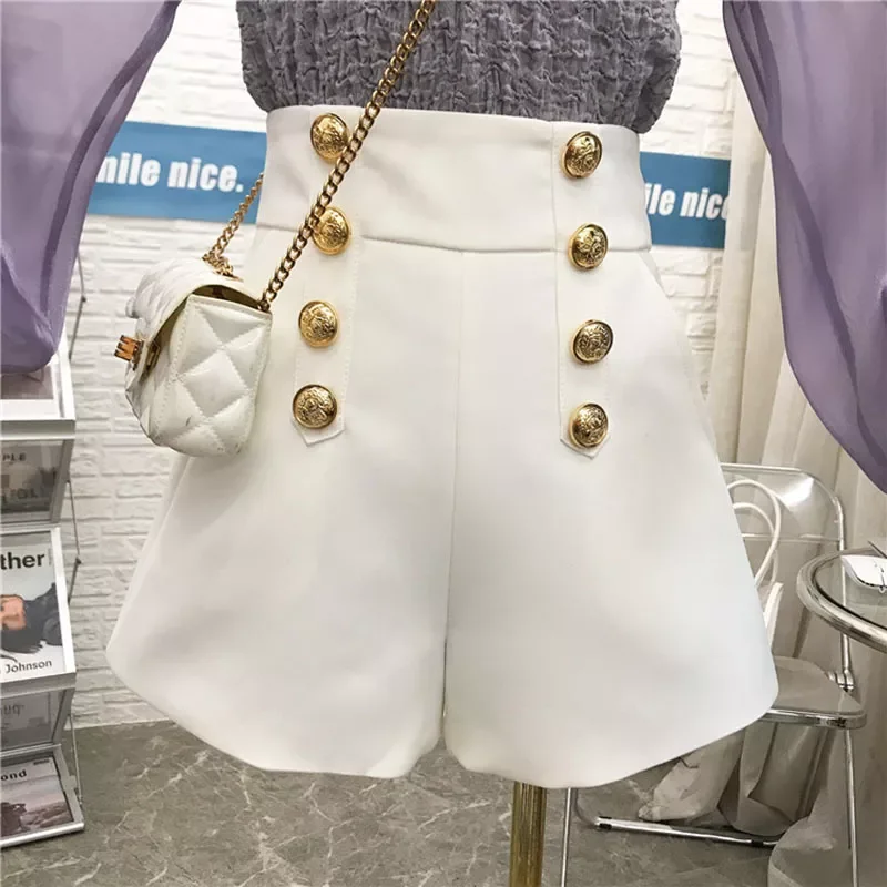 New in Black White Shorts Women Double-breasted Casual High Waist A-Line Wide Leg Shorts Female Autumn jackets    golf     jacke
