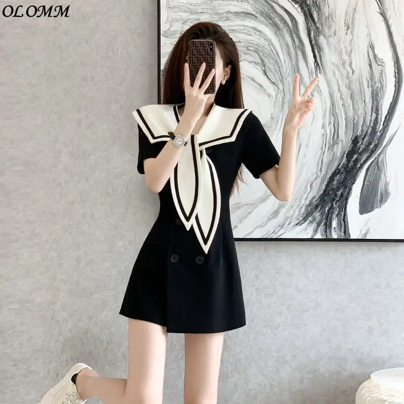 

Вечернее платье с матросским воротником, Новинка лета 2022, маленькое повседневное приталенное двухбортное черное платье в иностранном стил...