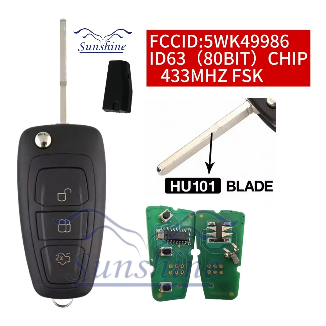 Фото Sunshine P/N 5WK49986 Дистанционный автомобильный брелок для ключей 433 МГц FSK 4D83 40-битный чип для Ford Focus MK3 и T6 Ranger Замена №1