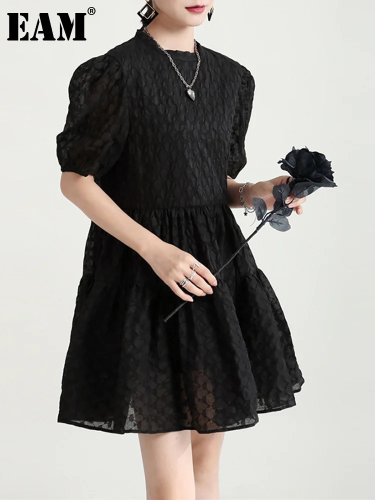 

Женское платье с оборками EAM, короткое свободное платье с круглым вырезом и рукавами-фонариками, весна-лето 2023, 1DE0063