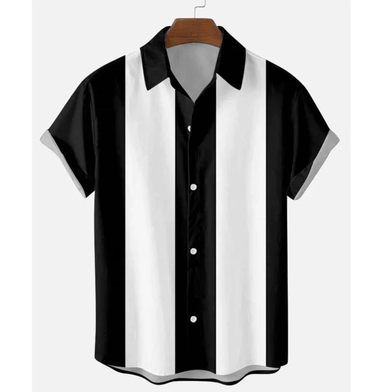 Camisetas de los 50s para hombre, camisas de rayas verticales Retro, Blusa de manga corta con botones, camisa de bolos de estilo cubano Vintage