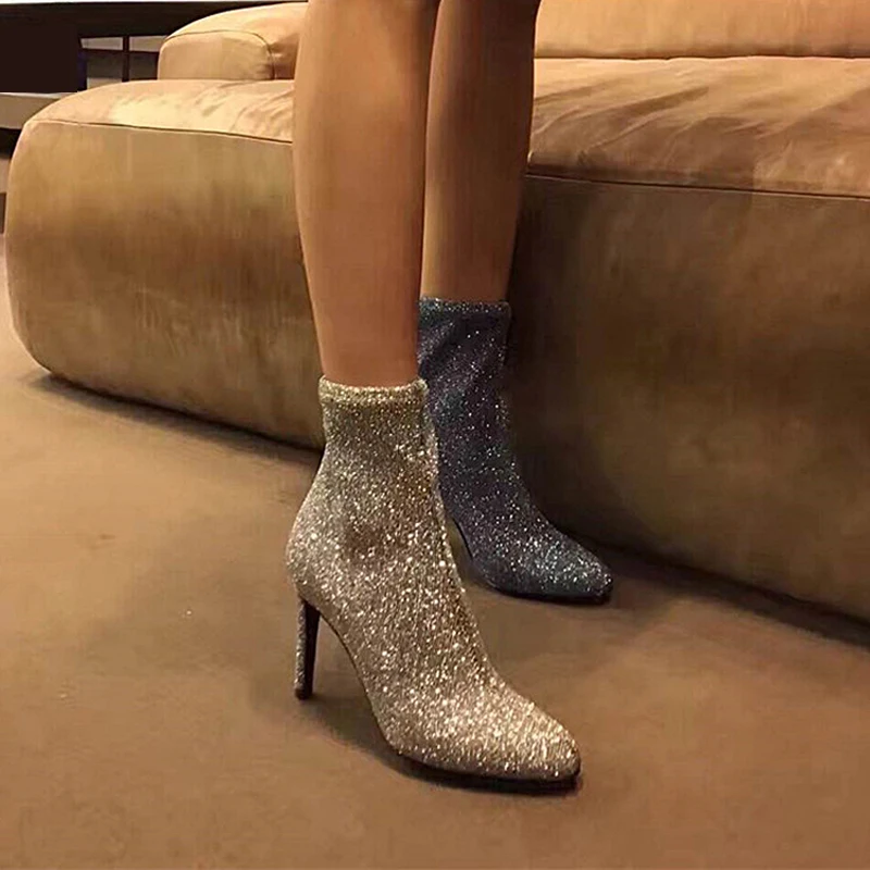 

Новинка весна-осень ботильоны на высоком каблуке с блестками и круглым носком тонкие эластичные ботинки-носки на шпильке женские короткие ботинки