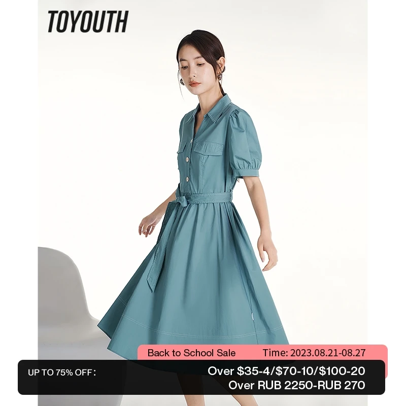 

Toyouth Women Dress 2023 Summer Puff Sleeves Polo Neck A-shape Slim Waist Pure Cotton Temperament Commuting Elegant Skirt