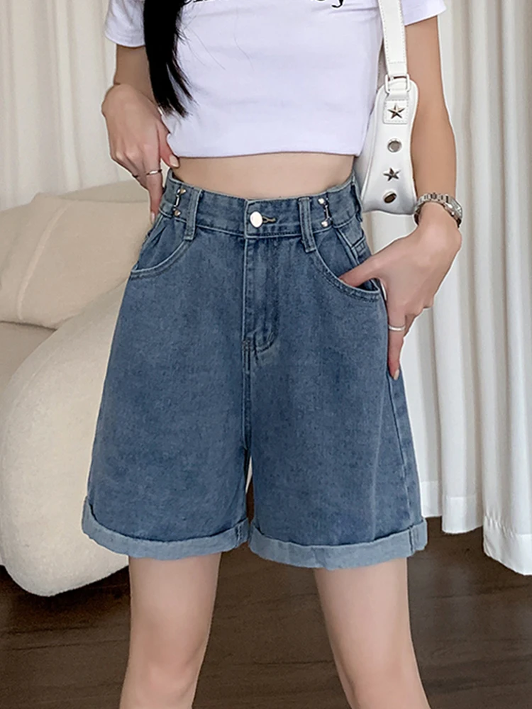 Streetwear Women High Waist Adjustable Loose Denim Shorts Summer Female Button Retro Wide Leg Jeans Shorts Bottoms