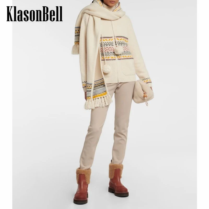 

12.9 KlasonBell 100% Wool Thick Keep Warm Striped Jacquard Hooded Zipper Knitted Cardigan Sweater Women