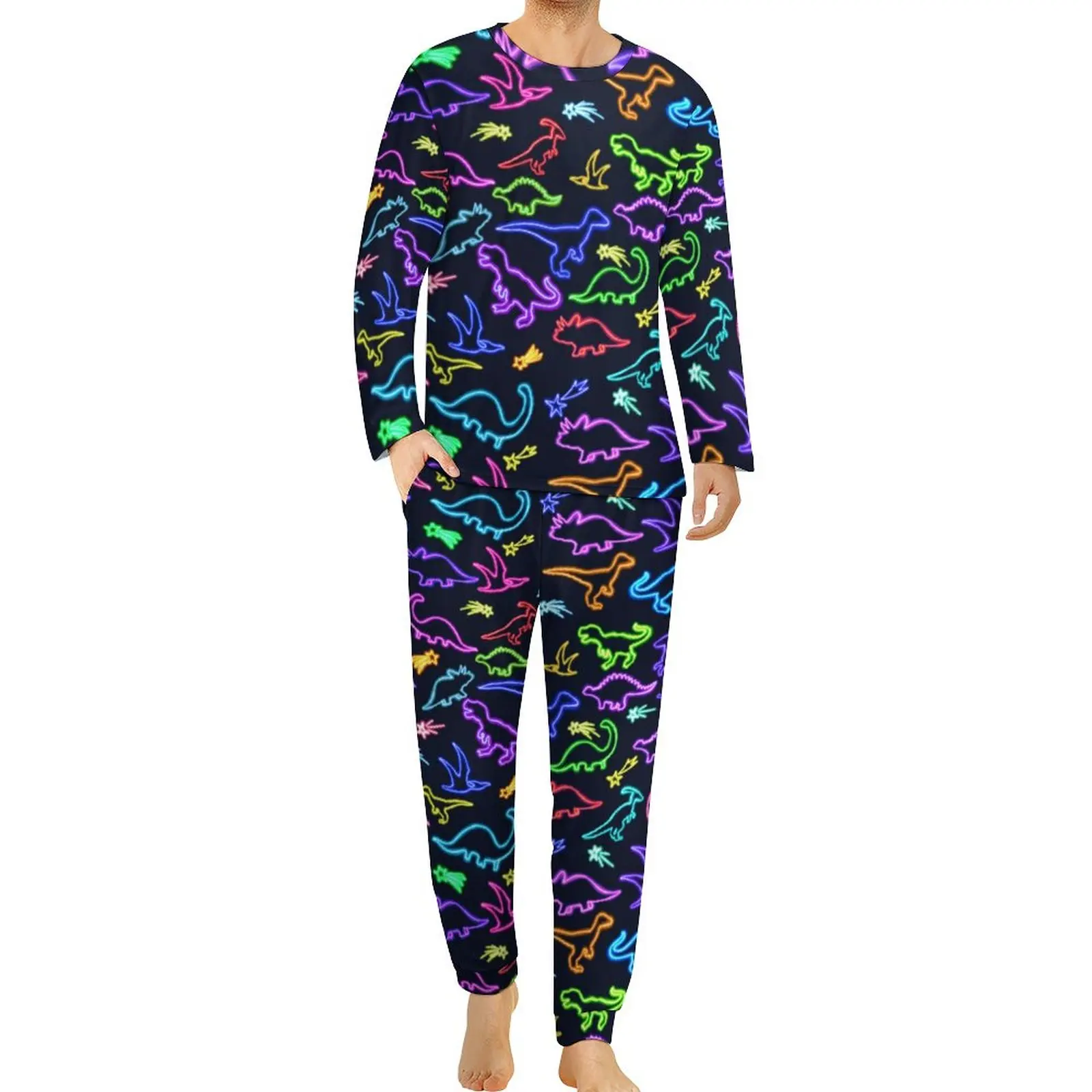 Neon Dinosaur Print Pajamas Long Sleeve Colorful Lines 2 Pieces Bedroom Pajamas Set Autumn Men Custom Cute Big Size Sleepwear