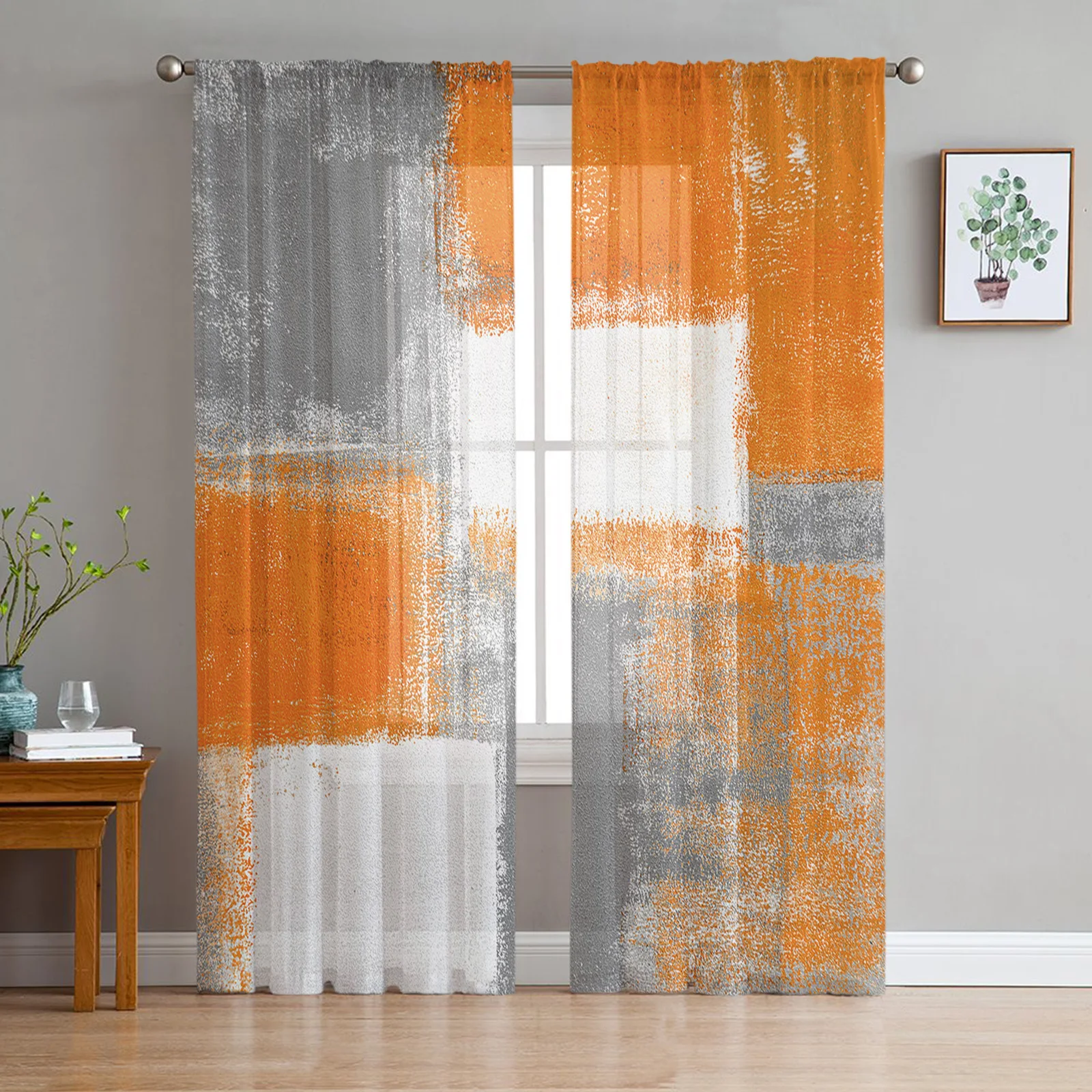 

Oil Painting Abstract Geometric Orange Tulle in Sheer Curtains for Living Room Bedroom Kitchen Window Treatment Chiffon Curtain
