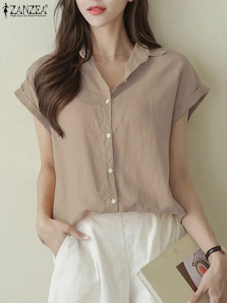 

ZANZEA Korean Fashion Cotton Yellow Blouses Short Sleeve Elegant Shirts Summer 2023 Women Tops Loose Lapel Office Casual Chemise