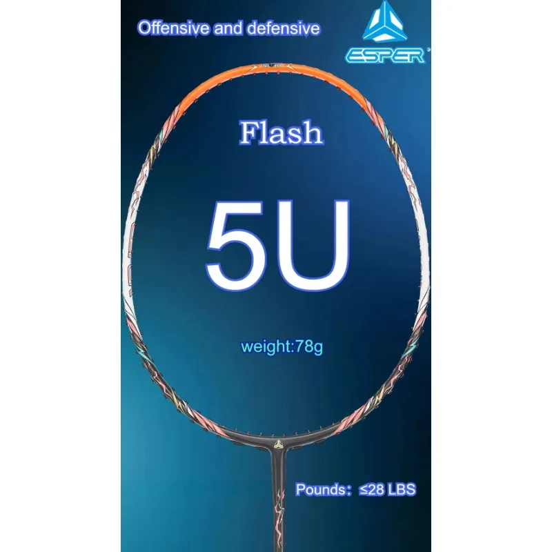 Фото Ракетка для бадминтона Speed Explorer ESPER 'FLASH' 5U 78g, сверхлегкая, быстрая, обнаправленная и оборощенная, 24T, струна из углеродного волокна G6 №1