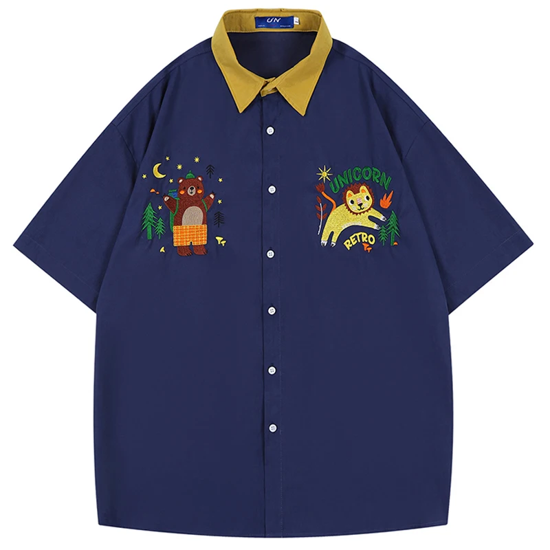 

Мужская хлопковая рубашка с короткими рукавами, повседневная винтажная джинсовая рубашка составного кроя с вышивкой в китайском стиле Харадзюку, в стиле ретро, лето 2023