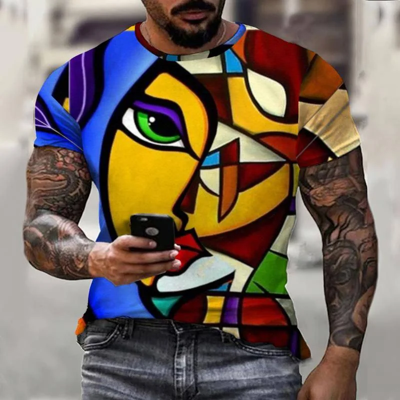 

Men's New Summer Abstract Three-dimensional Art Painting Print Oversized T-shirt Street Hip-hop Fun Fashion Top Ethnic Style