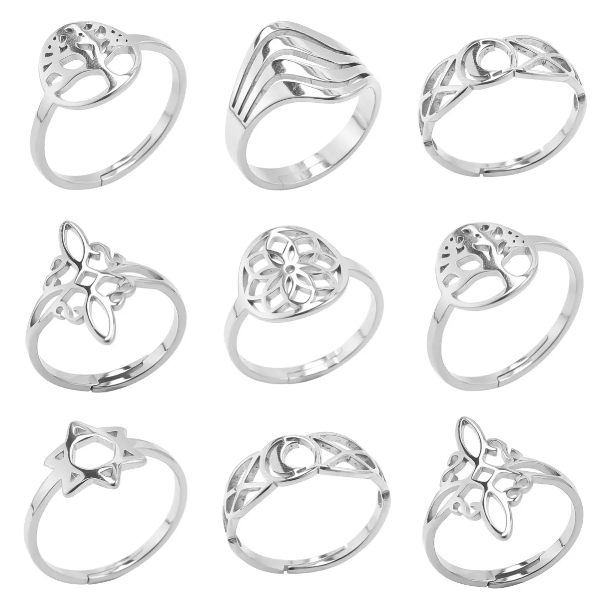 

Retro Hollow The Tree and Flower of Life Ring For Women Men Stainless Steel Moon Star Adjustable Rings Jewelry Gift Bague Femme