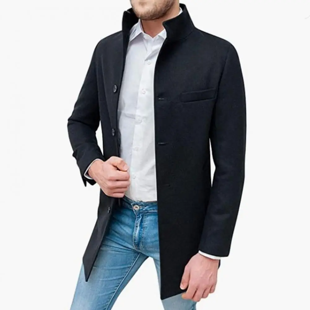 

Solid Color Coat Mid-length Casual Windbreaker Outwear for Men with Stand Collar Single Breasted Pockets Stylish Woolen Coat