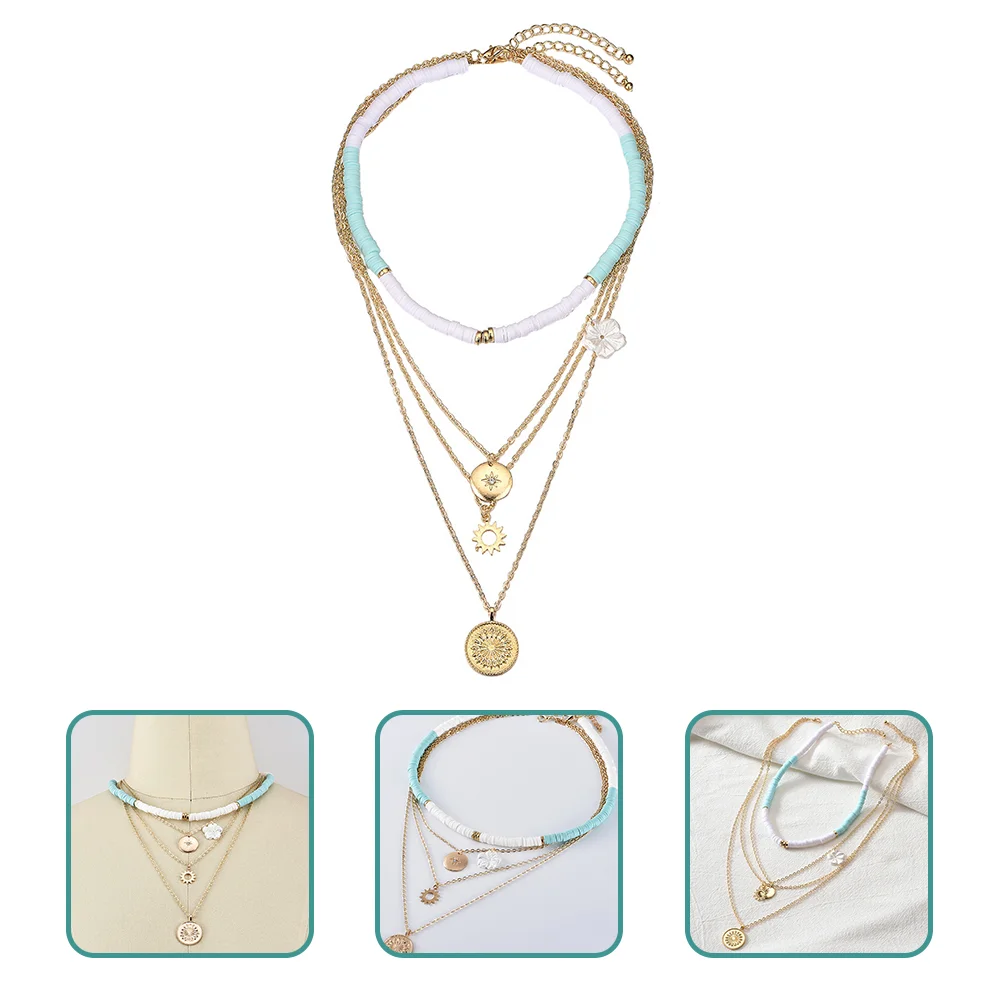 

Necklace Chain Choker Surfer Women Heishi Neck Layered Beach Jewelry Necklaces Paperclip Summer Set Woman Rainbow Bead Link