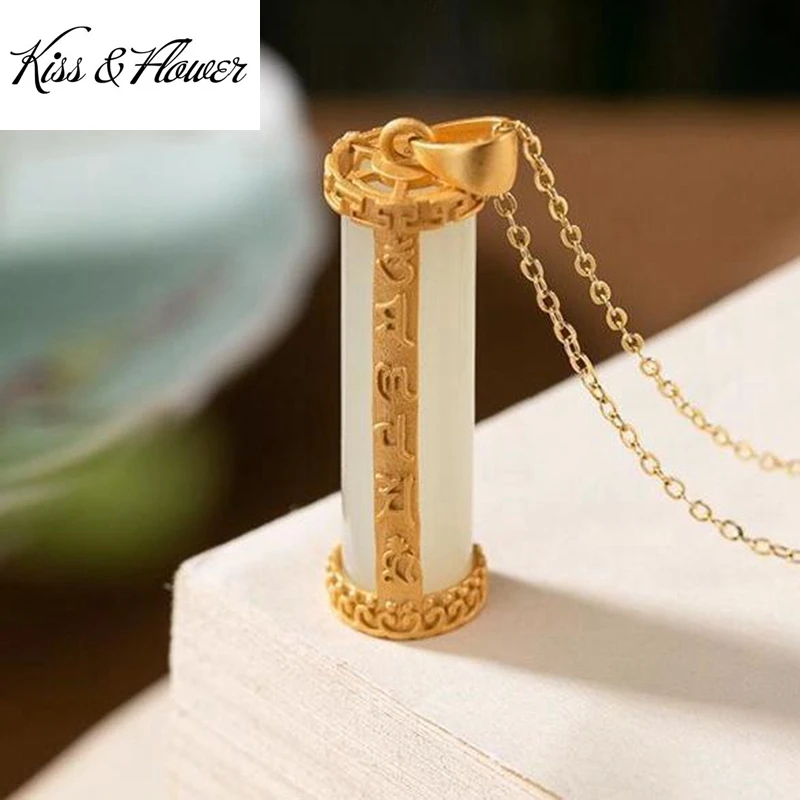 

KISS&FLOWER NK253 Fine Jewelry Wholesale Fashion Woman Girl Bride Mother Birthday Wedding Gift Column Jade 24KT Gold Necklace