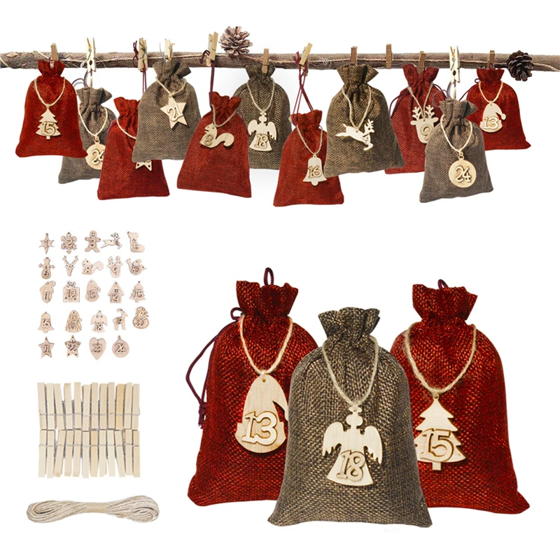 

24PCS DIY Numbers Bag Christmas Advent Calendar Ornament Christmas Gift Bags Calendar Countdown Bag Candy Storage Pouches 2023