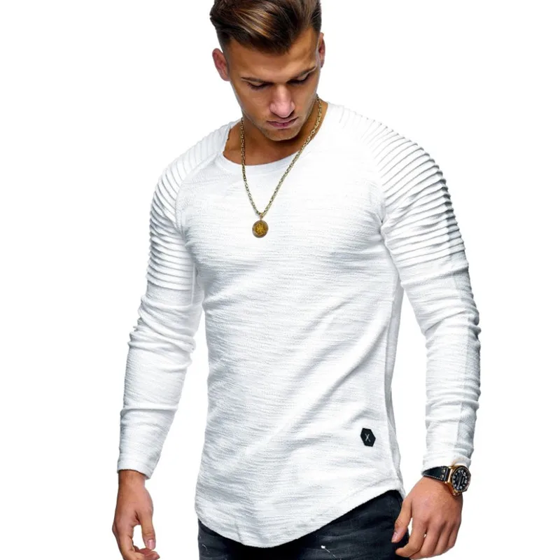 

Solid Color Sleeve Pleated Patch Detail Long Sleeve T-Shirt Men Spring Casual Tops Pullovers Fashion Slim Basic Tops T-shirt