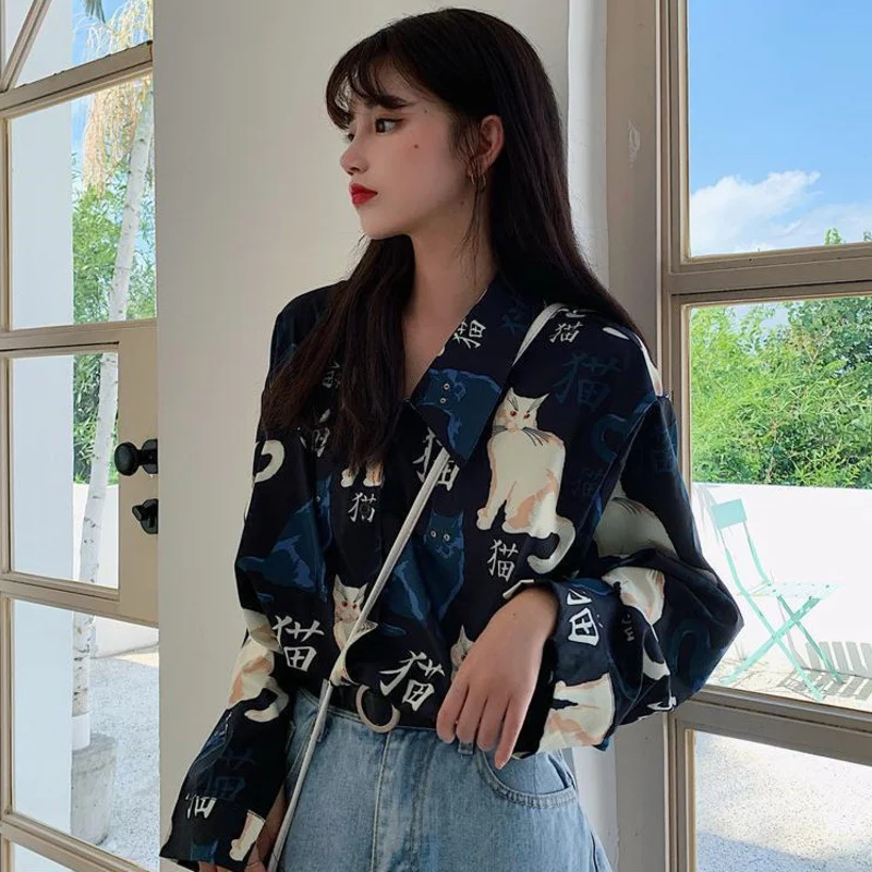 Фото Повседневные универсальные женские Blusa Top, женские винтажные блузки с принтом кота, базовые свободные шикарные дизайнерские женские рубашки с длинными рукавами №3