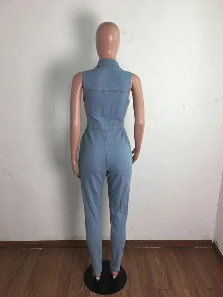 Women Denim Jumpsuit Hollow Out Sleeveless Turn-down Collar Single Breasted Stretchy Jumpsuits Fashion Outfit Summer Fashion