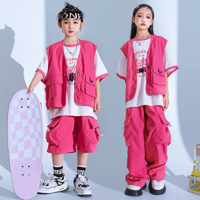 

Boys Hip Hop Outfits Rose Vest Cargo Pants Girls Streetwear Children Pink Joggers Street Dance Kids Jazz Costumes Clothes Sets