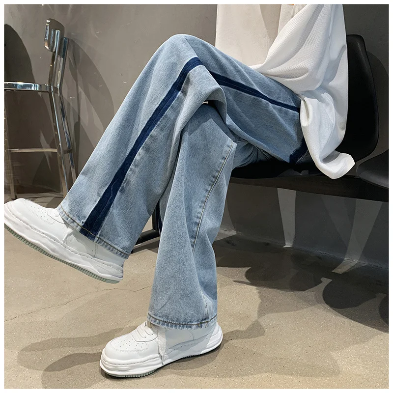 DEEPTOWN Loose Straight Jeans Men Classic Casual Denim Pants Blue Striped Streetwear Korean Fashion Trousers Male Spring Autummn