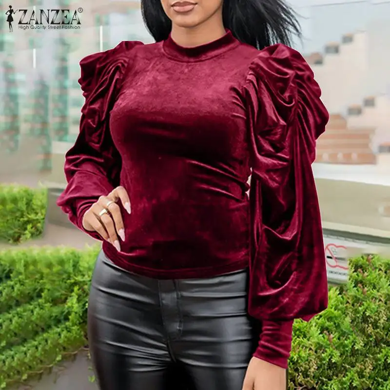 

Женская бархатная блузка ZANZEA в офисном стиле, повседневные однотонные свободные блузы большого размера с воротником-стойкой, топы с пышным...
