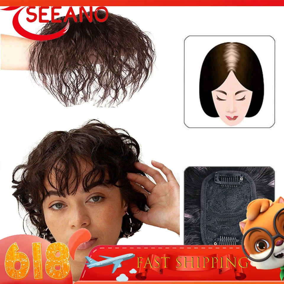 

SEEANO Synthetic Black Brown Curly Hair Toupee 2 Clip Hair Extensions Replacement Closure Hairpiece Wigs With Bangs Women