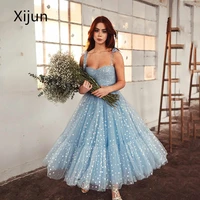 xijun serene blue evening dresses a line sweetheart dotted women spaghetti strap prom gown tea length applique vestidos de noche