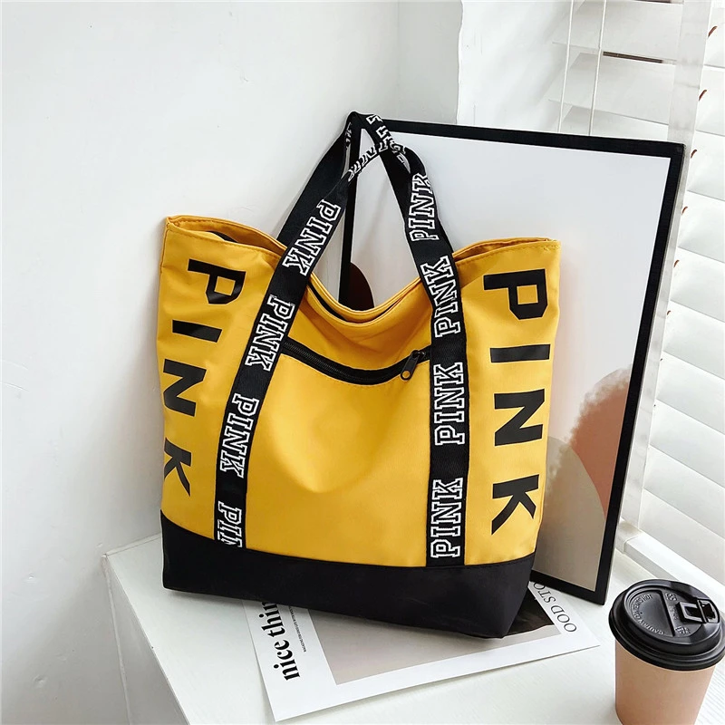 

Colorblock Pink LetterGraphic Tote Handbags Woman Shoulder Bags Casual Sports Fitness Tote Bag Nylon Fabric High Volume Currents
