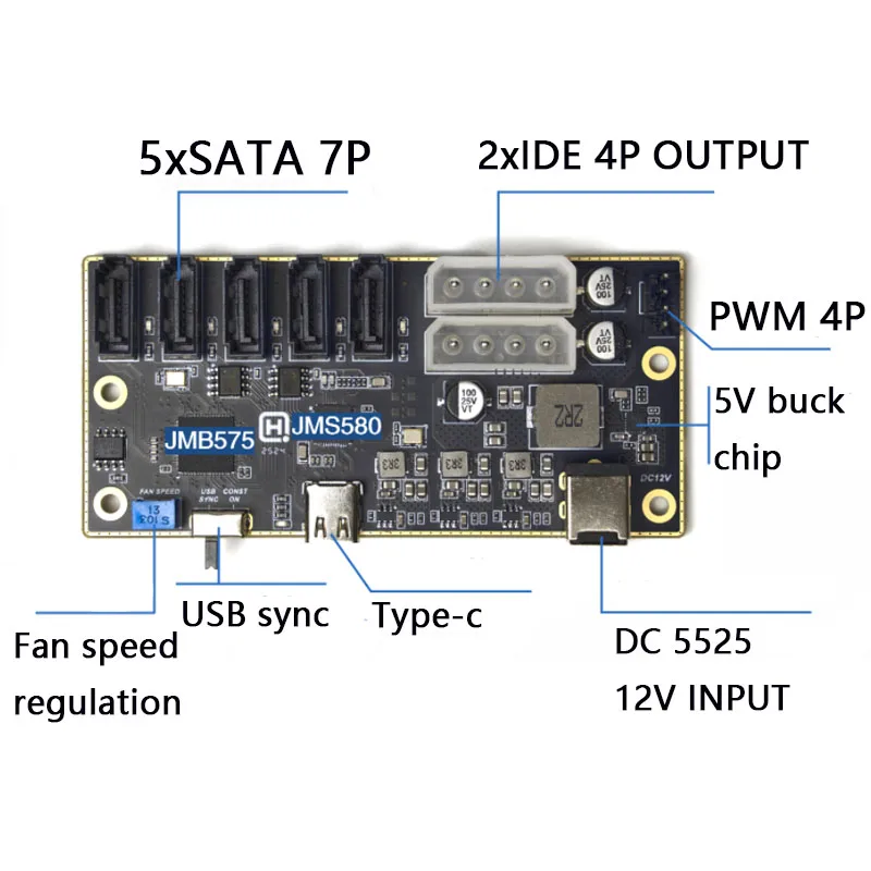 Фото От Type-C до 5sata, внешний жесткий диск, карта расширения SSD, карта данных жесткого диска, модуль питания постоянного тока для промышленного компьютера NAS №3