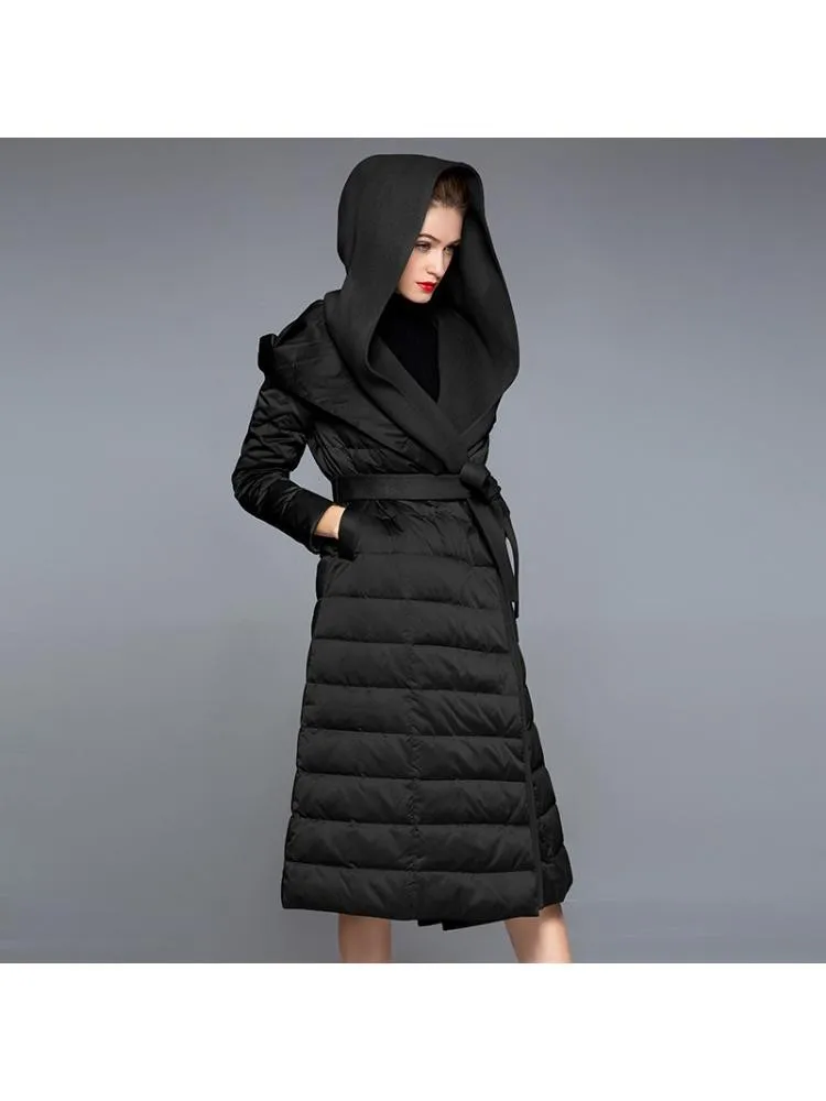 Thicked Long Cashmere Stitching Black Hooded 90 White Duck Down Coats Women 2022 Winter Loose Lace Up Warmer Jackets