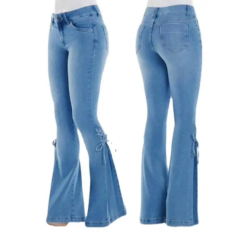 Ladies Jeans Midium Waist Retro Flared Pants Loose Casual Lace-up Denim Trousers Wide Leg Pants Women's Stretch jeans