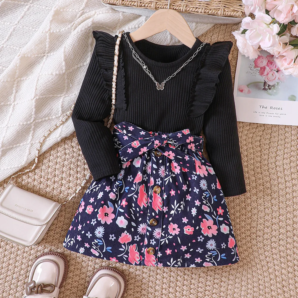 

2023 New Girls Dress Long Sleeve O Neck Ruffles Print Floral Skirts Dark Blue Cute Designer Girls Princess Dress Vestido 18M-7T