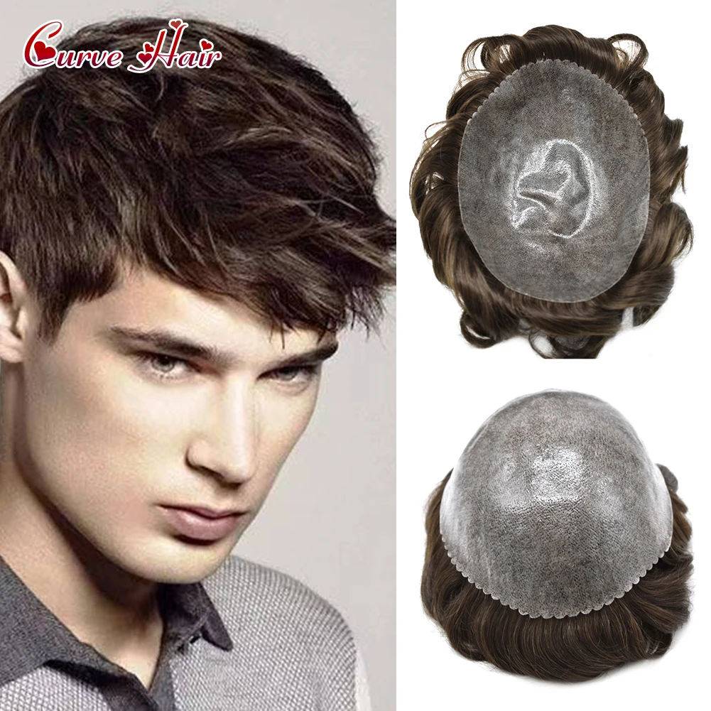Mens Toupee 0.10-0.12mm Full Poly Skin Men's Capillary Prothesis Male Hairpieces Indian Hair Wig Injected  PU Natural Looking