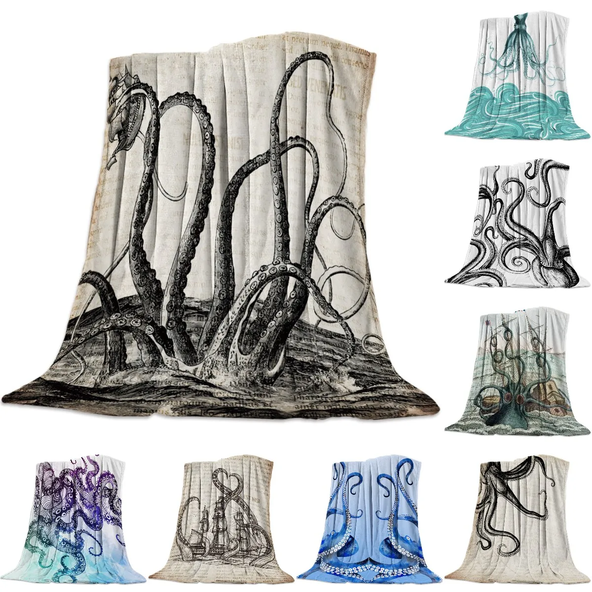 

Cthulhu Octopus Old Newspaper Flannel Blanket for Bed Sofa Portable Soft Fleece Throw Funny Plush Bedspreads Queen King Size
