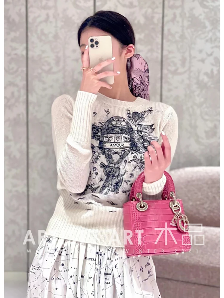 

【Provide label】2022 Spring Women Fashion Runway Long Sleeve Embroidery Vintage Print High Quality Wool Knitting Sweaters